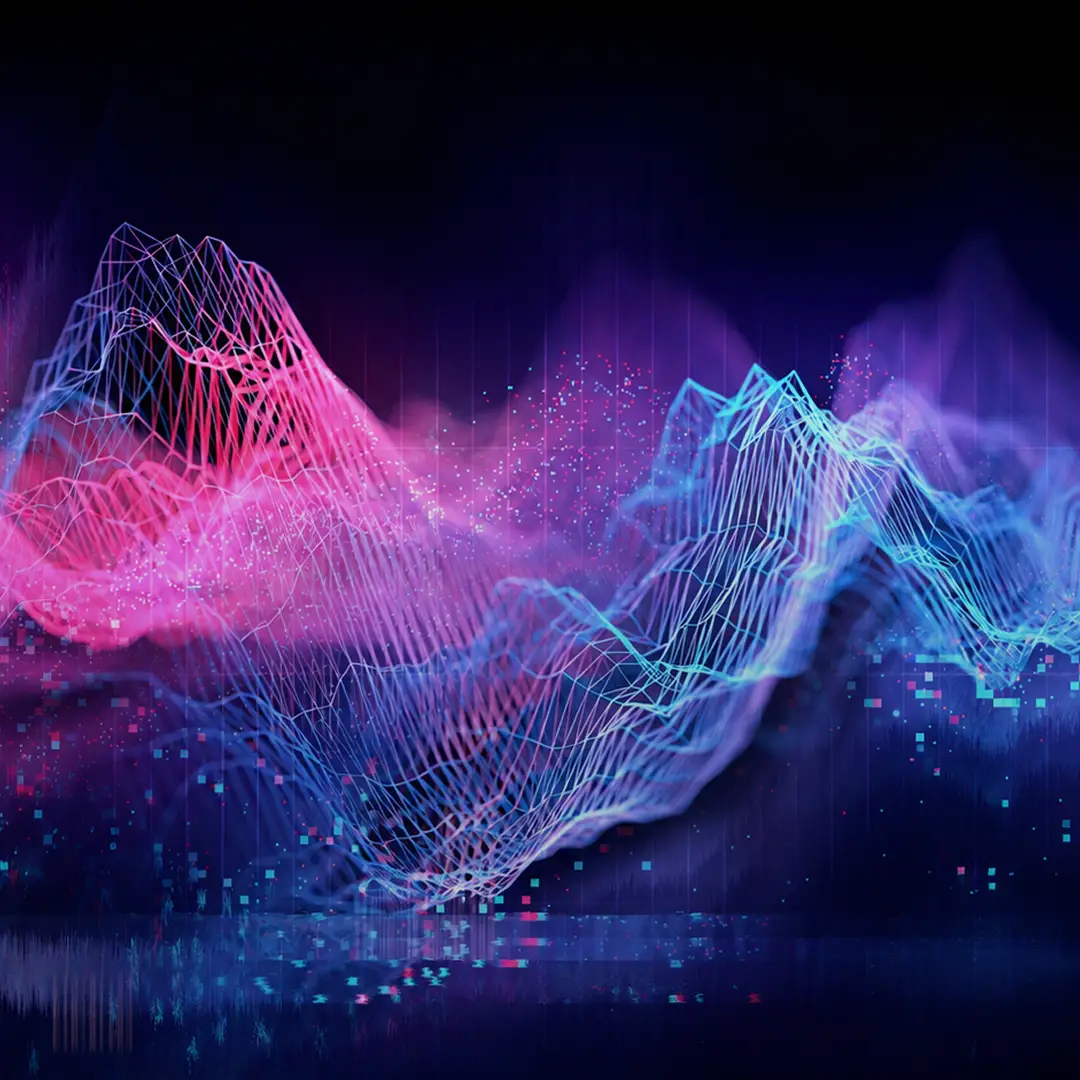 Abstract 3D wireframe visualization of pink, purple, and blue data waves on a black background, representing AI trend patterns