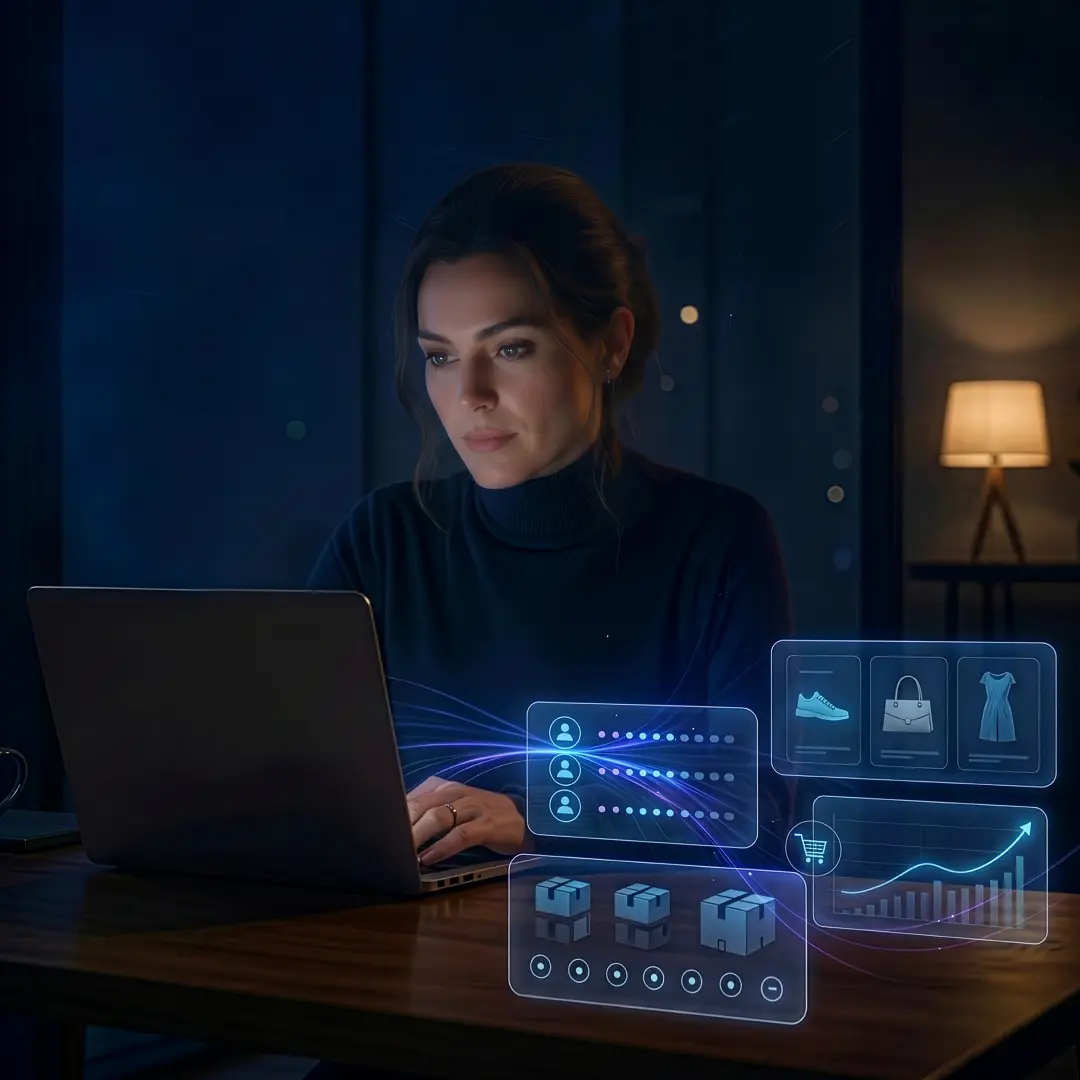 Professional using a laptop with ecommerce data and analytics overlays.
