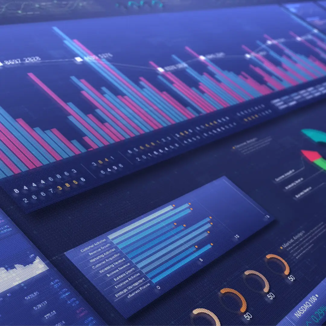 Close-up of a dark analytics dashboard displaying colorful bar charts, graphs, and performance metrics.