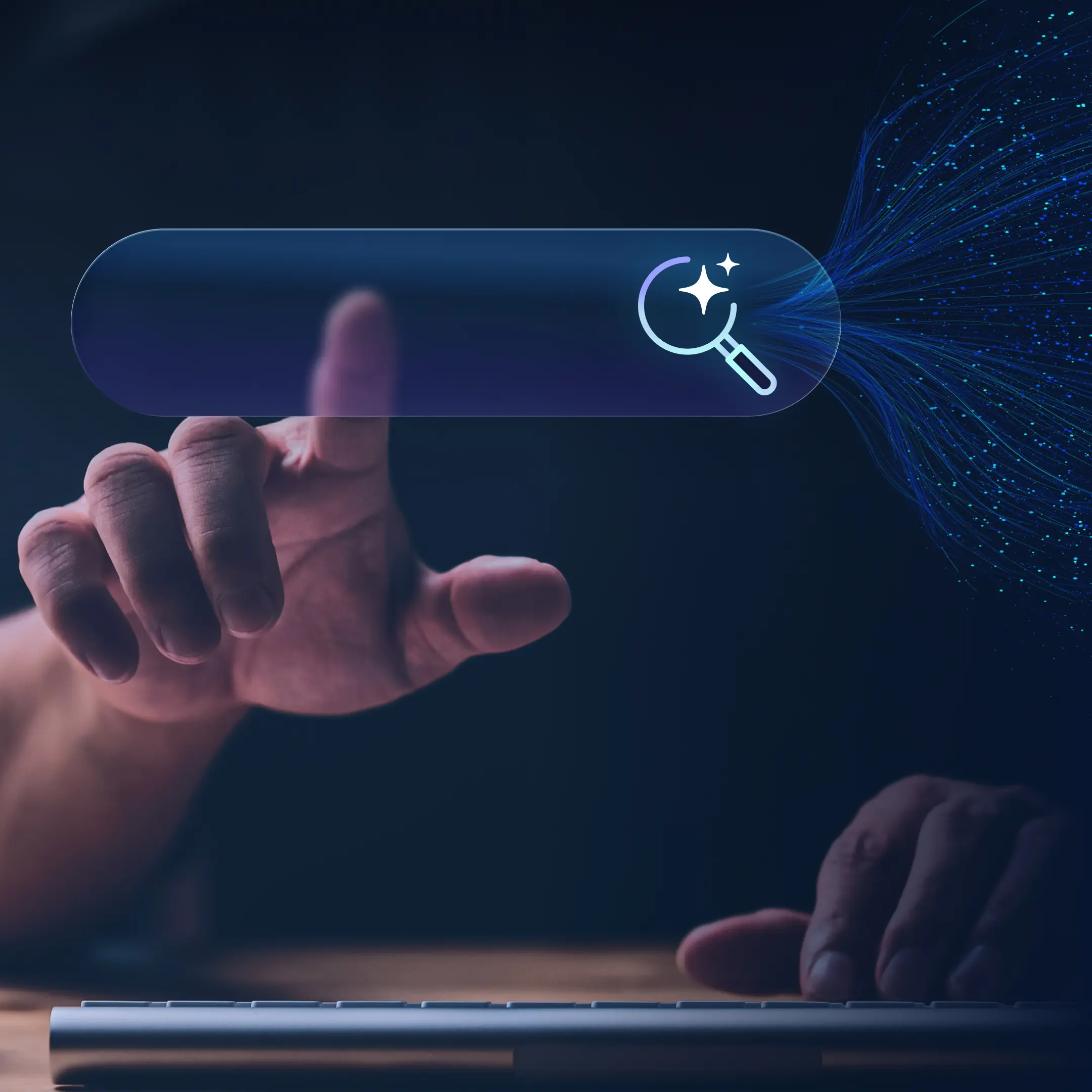 Person using a keyboard and touching a digital search interface on a screen, while a search magnifying glass emits light effects representing the global reach of online search.