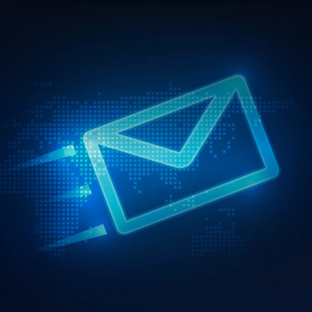 Glowing email icon on a digital blue background.