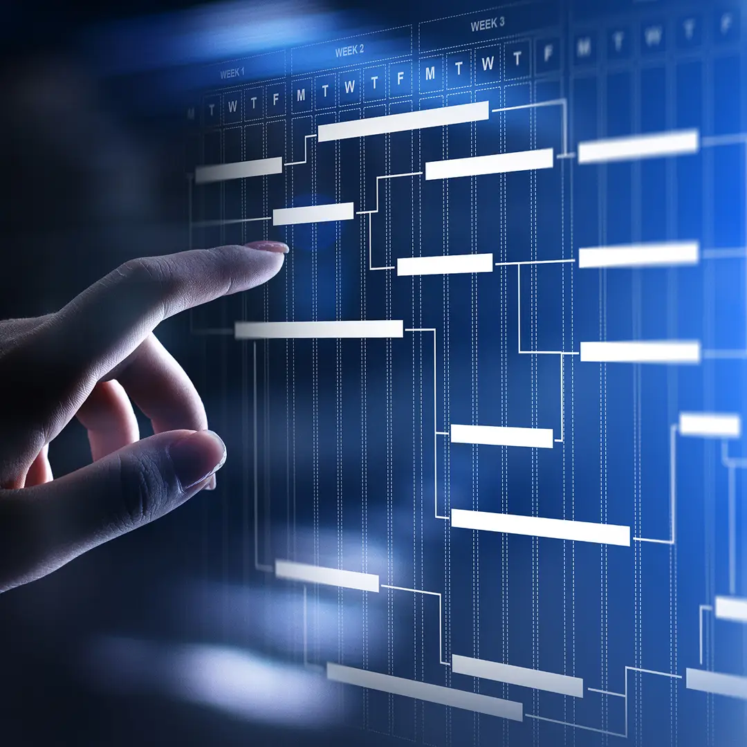 Hand interacting with a digital project timeline on a virtual planning dashboard.