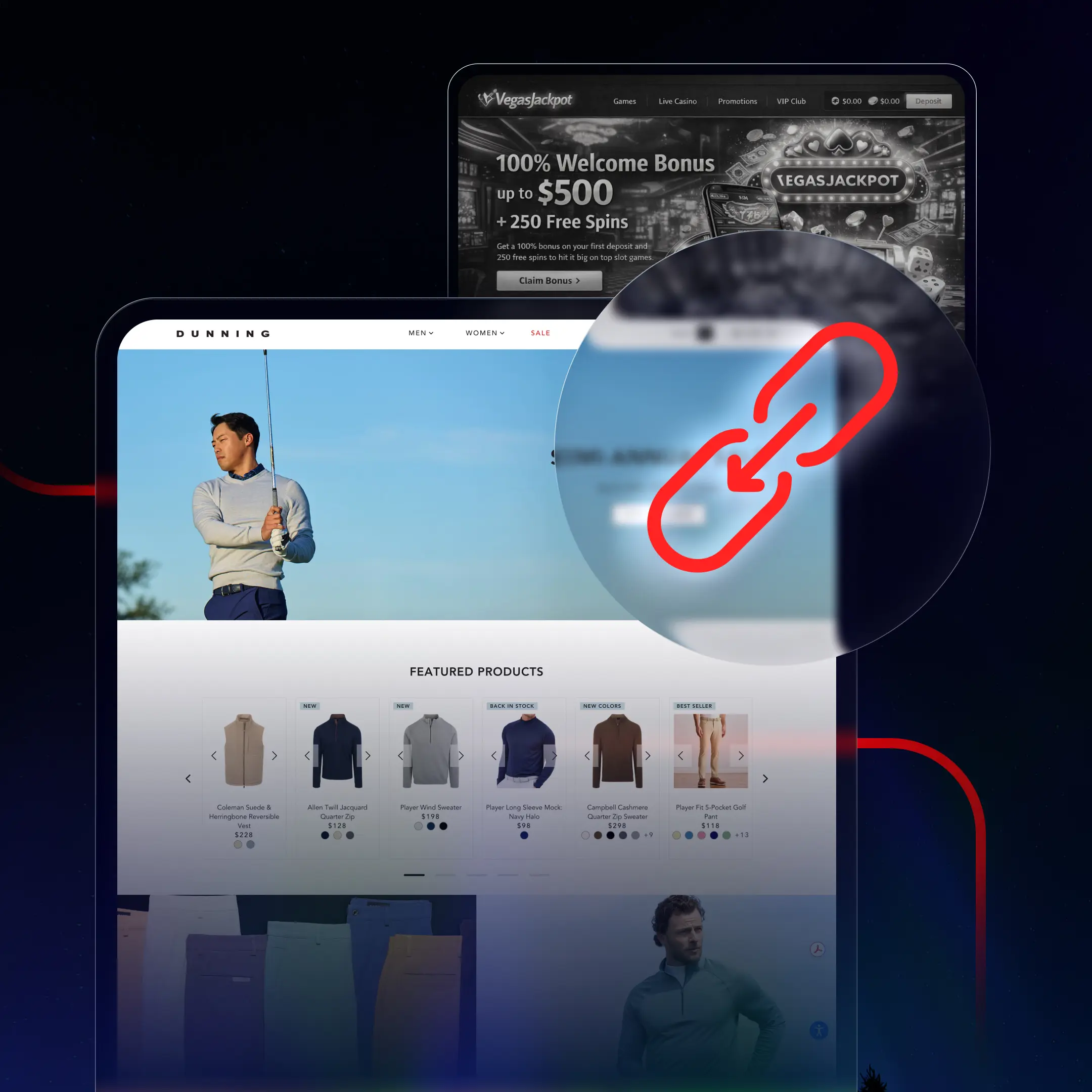 Overlapping website screenshots with a highlighted red link icon and the headline “Your Backlink Profile Is Quietly Killing Your Rankings,” illustrating how toxic backlinks can harm SEO performance.