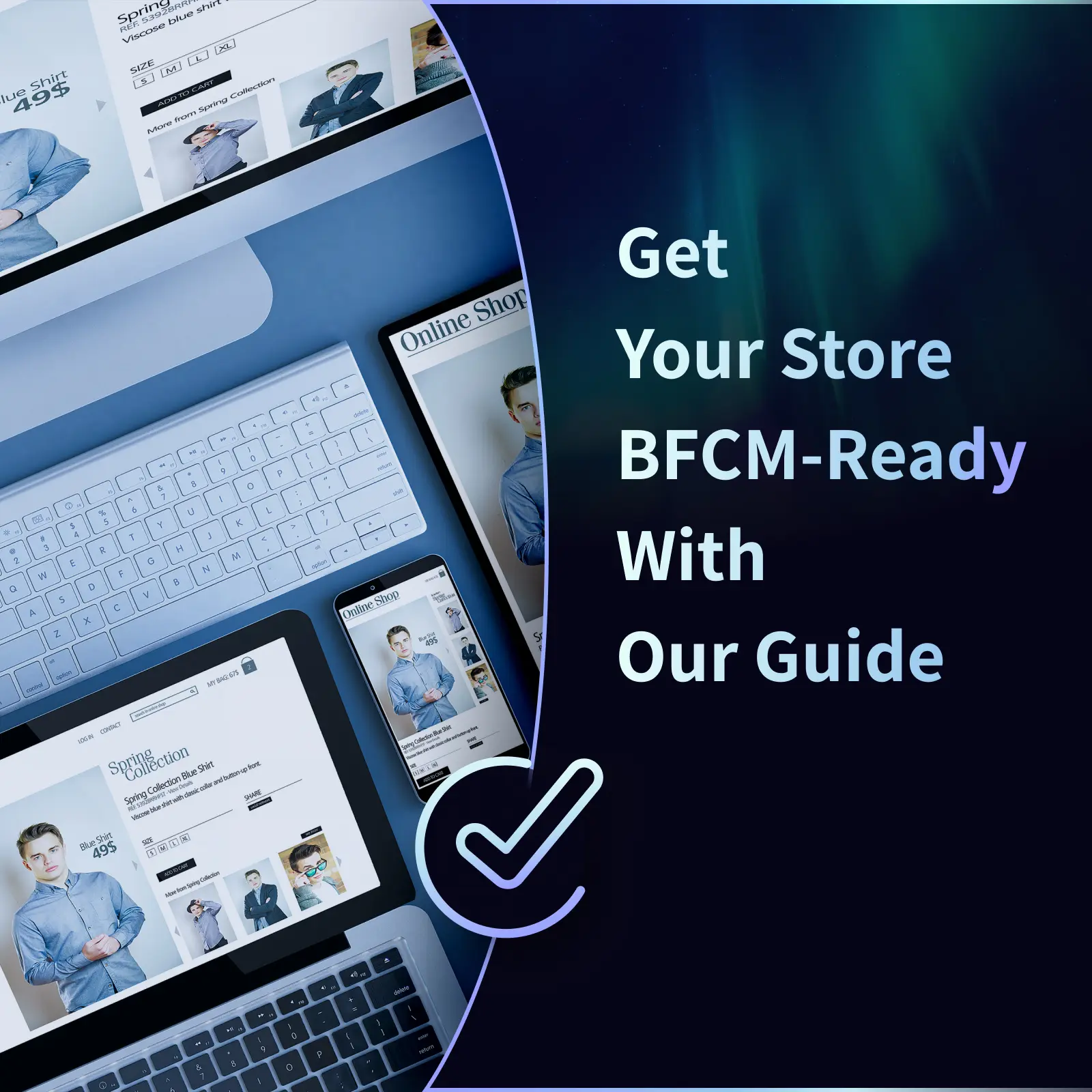 A flat lay of multiple devices showing an online store on screen, paired with text that says “Get Your Store BFCM-Ready With Our Guide,” a glowing checkmark icon, and the Arctic Leaf logo on a dark gradient background.