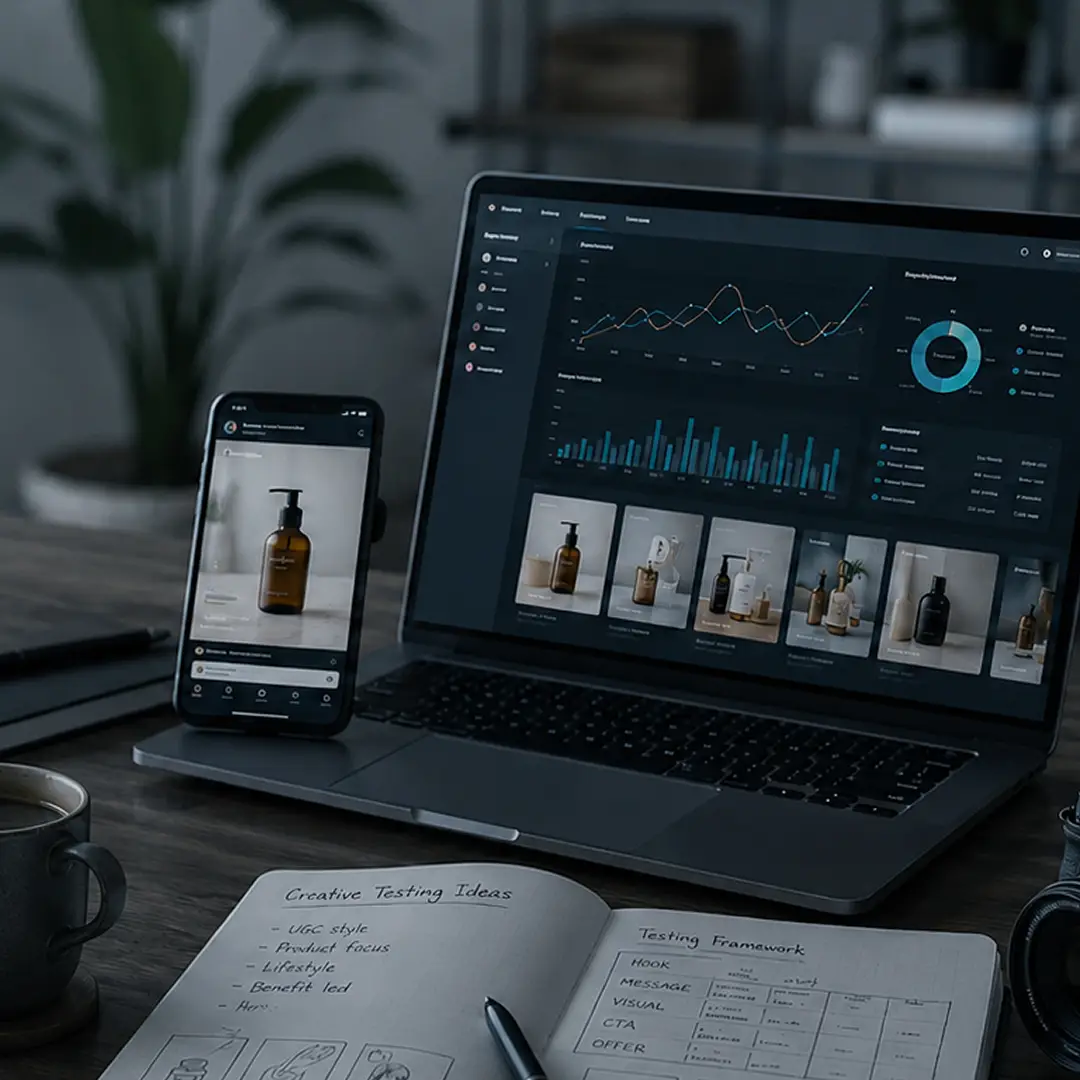 Laptop and phone displaying ecommerce ad analytics and creative testing layouts.