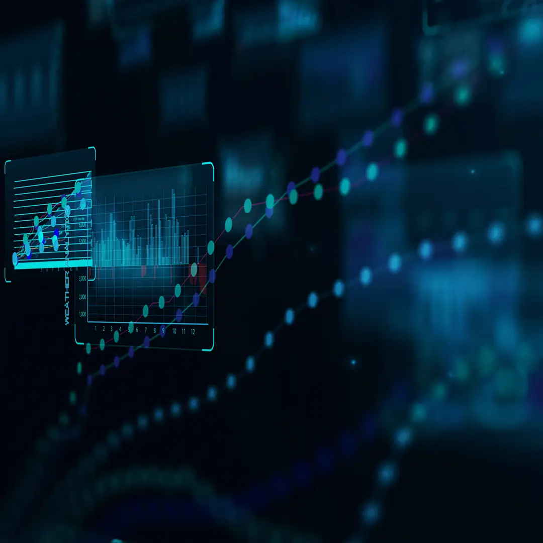 Digital analytics dashboards with rising line and bar charts representing AI-driven ecommerce revenue growth.