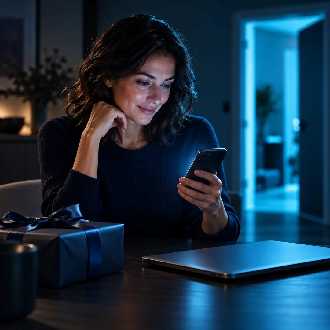 A smiling woman with dark wavy hair sits at a table in a dark room, resting her chin on one hand while looking at her phone. A gift box tied with a navy ribbon and a closed laptop sit on the table beside her, and a blue-lit doorway glows in the background.