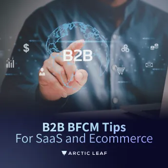 Business professional interacting with virtual B2B technology interface, showing global digital icons like shopping cart, analytics, and dollar sign, with text overlay reading ‘B2B BFCM Tips for SaaS and Ecommerce’ by Arctic Leaf.