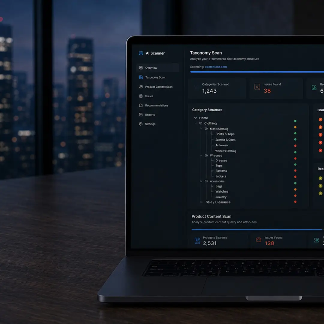 Laptop displaying an AI ecommerce audit dashboard with taxonomy and content analysis metrics.