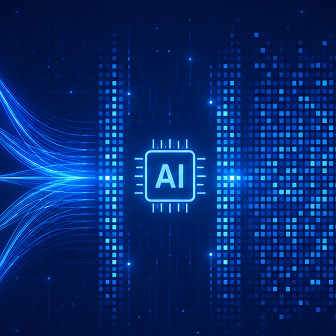 AI chip icon surrounded by digital data streams on a blue technology background.