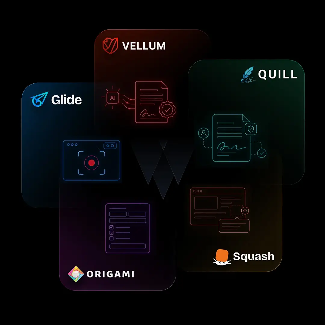 Graphic featuring Arctic Leaf’s five-product suite, with overlapping branded panels for Glide, Vellum, Quill, Origami, and Squash on a black background.