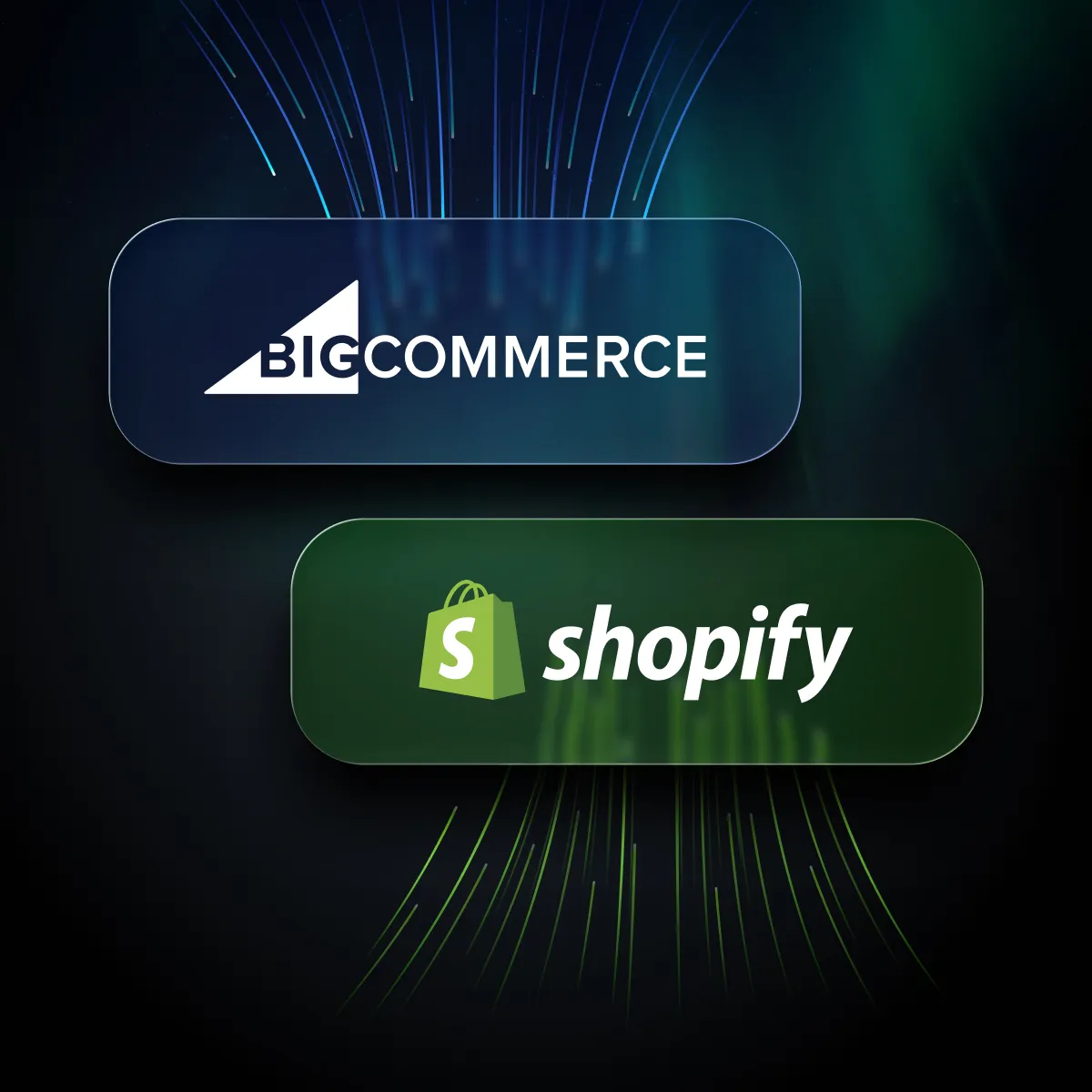 Logos of BigCommerce and Shopify with dynamic digital lines connecting them, representing top eCommerce apps and AI tools for Black Friday and Cyber Monday success.