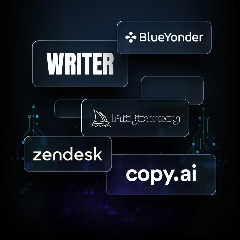 Logos of AI tools including Writer, Blue Yonder, MidJourney, Zendesk, and Copy.ai connected by digital circuit lines, symbolizing artificial intelligence integration for eCommerce efficiency during Black Friday and Cyber Monday.