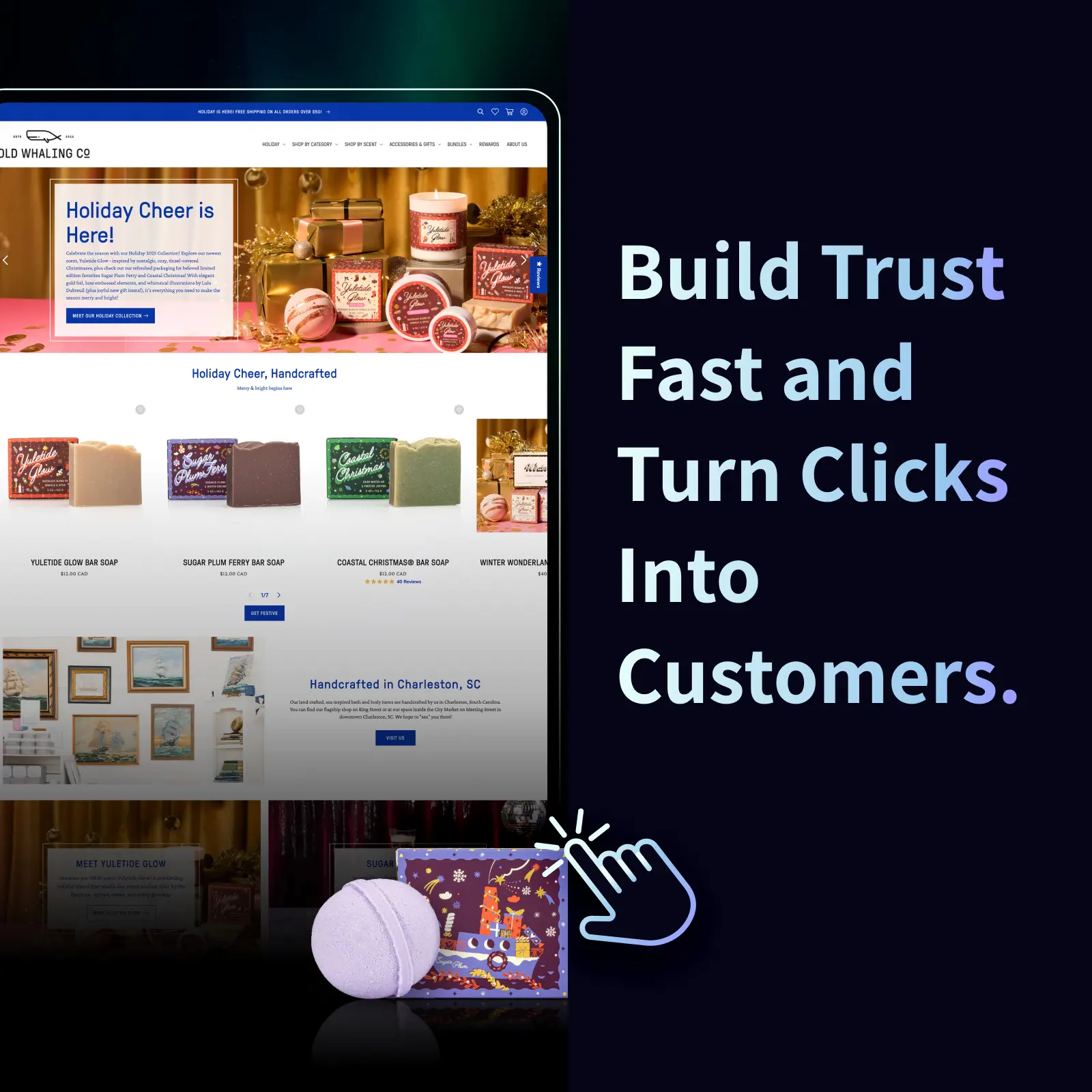 A tablet showing the Old Whaling Co. ecommerce homepage with holiday products, accompanied by the text “Build Trust Fast and Turn Clicks Into Customers,” the Arctic Leaf logo, and a click icon representing conversion.