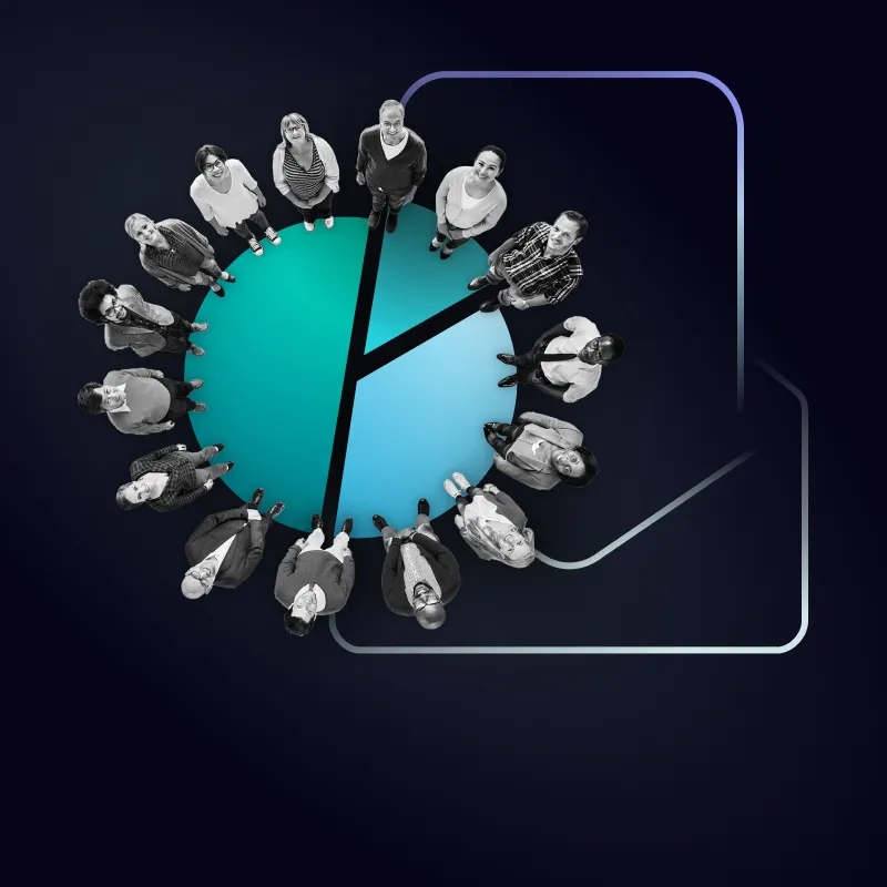 Circular chart divided into segments with people standing on each section, symbolizing customer segmentation and personalized email marketing strategy.