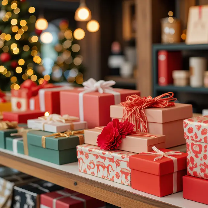 Assortment of colorful holiday gift boxes arranged on a table with festive lights and a Christmas tree.
