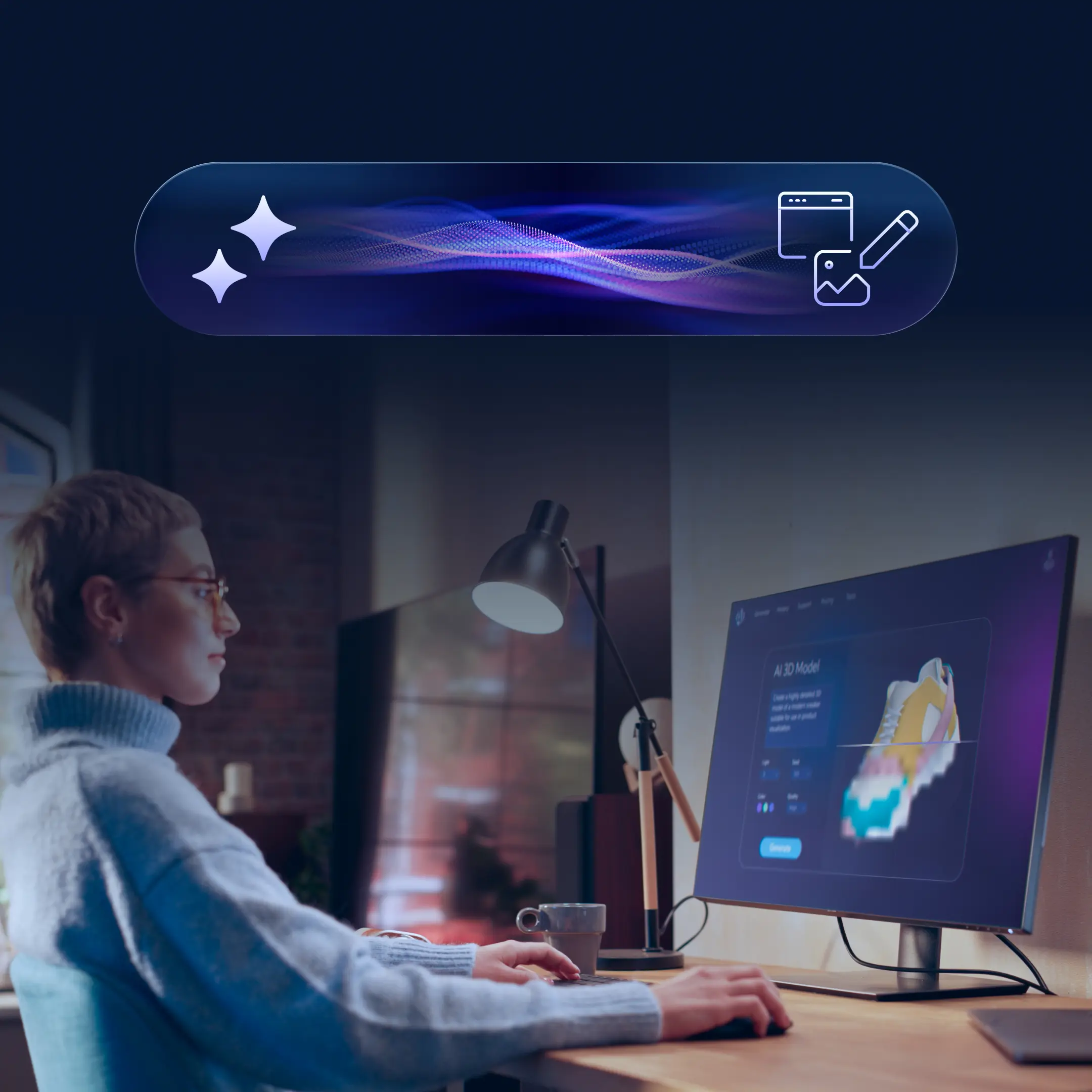 Designer wearing glasses working at a desk, viewing a 3D product model on a desktop monitor, with AI-themed graphic icons displayed above the workspace.