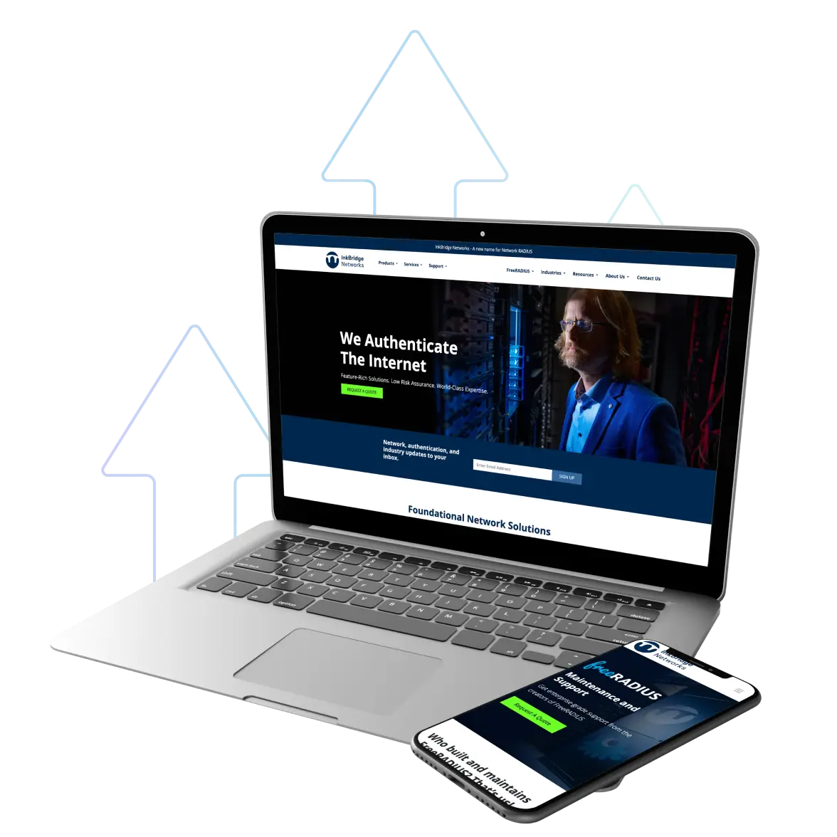 A laptop and a smartphone display the same website featuring a man standing in a server room with the headline ‘We Authenticate The Internet.’ Large upward-pointing pixelated arrows appear in the background, emphasizing growth or progress.