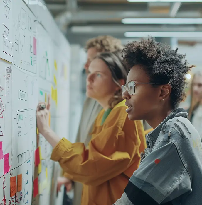 <p>Three people collaborate at a whiteboard covered with sketches, diagrams, and sticky notes. One person in the foreground, wearing glasses, looks focused while discussing ideas, as the others write and brainstorm beside them in a bright, open workspace.</p>