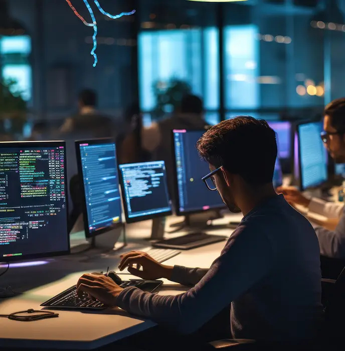 <p>A person wearing glasses types at a multi-monitor workstation filled with colorful lines of code, while several other programmers work at computers in a dimly lit, modern office.</p>