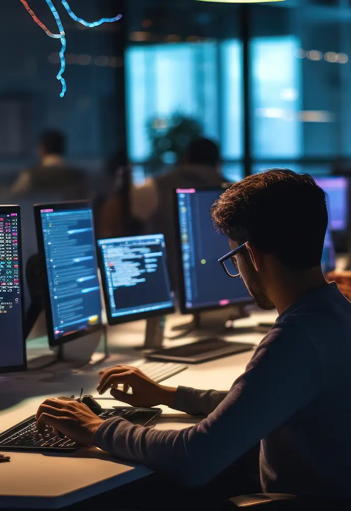<p>A person working at a desk in a dimly lit office, focused on multiple computer monitors displaying lines of code, with other people blurred in the background.</p>