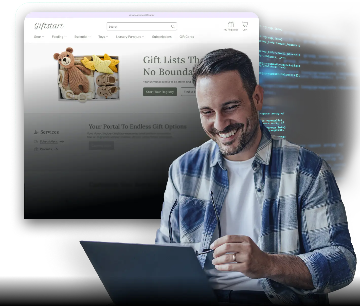 A smiling man sitting at a desk and holding his glasses while working on a laptop. Behind him is a large, semi-transparent screen showing an online gift-registry website with baby products. Faint lines of code appear on the dark background, blending technology and e-commerce themes.