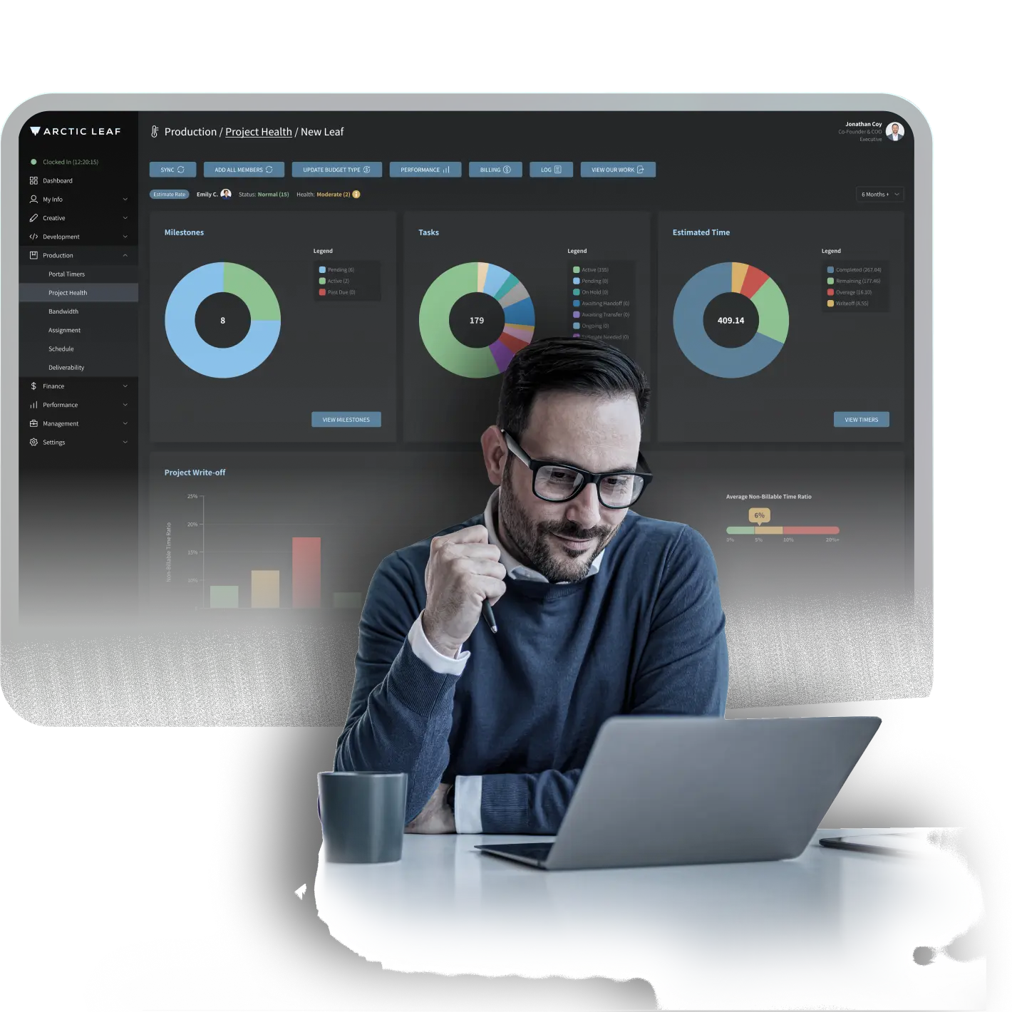 A man wearing glasses sits at a desk working on a laptop, with a large digital dashboard displayed behind him showing charts, graphs, and analytics related to project health, milestones, tasks, and estimated time.