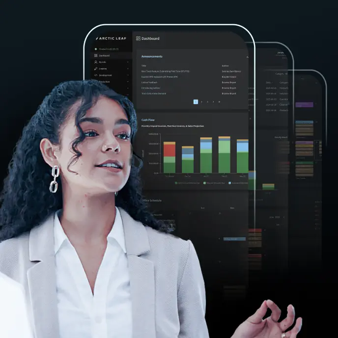 <p>A woman in professional attire gestures while speaking, positioned in front of multiple overlapping dark-themed dashboard screens displaying charts, graphs, and interface elements related to data analytics and business metrics.</p>
