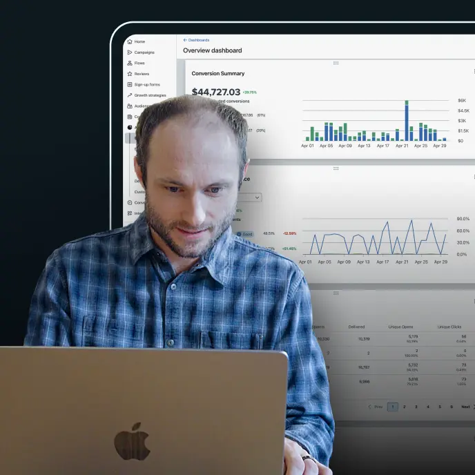 A man in a blue plaid shirt works on a laptop, with a large analytics dashboard displayed behind him showing charts, graphs, and performance metrics.