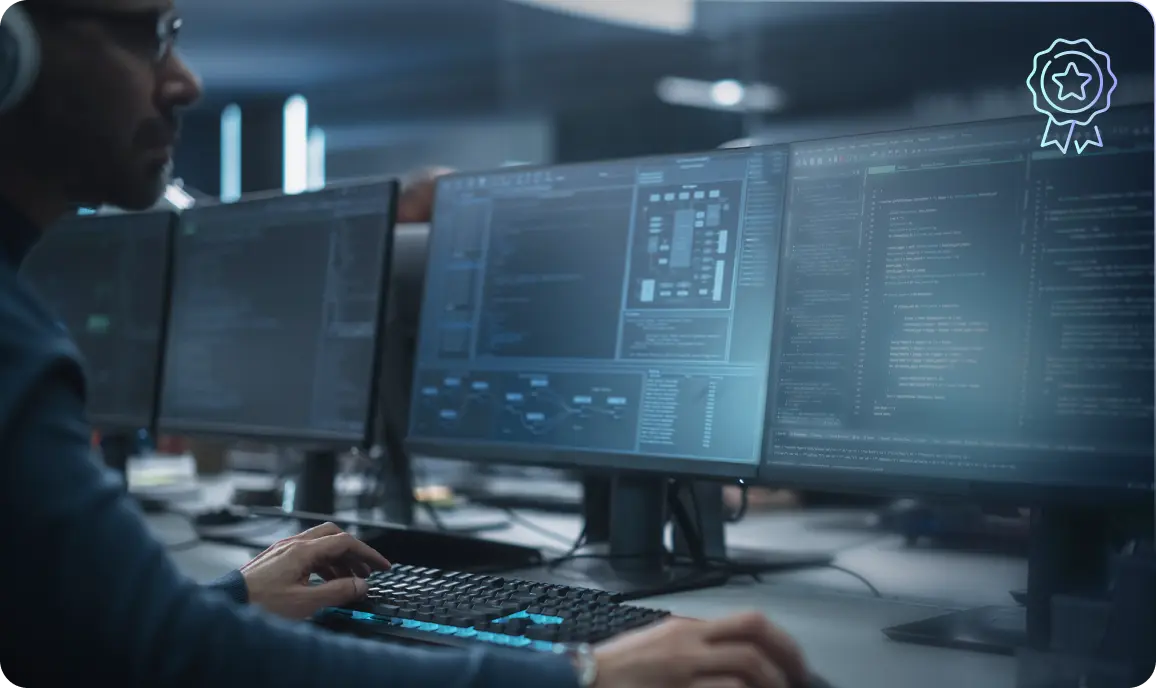 <p>A person working at a desk with three large computer monitors displaying complex software interfaces and code. The scene is set in a dimly lit, modern tech workspace. The individual is typing on a keyboard, and a badge-style icon with a star is shown in the top-right corner, suggesting quality or certification.</p>