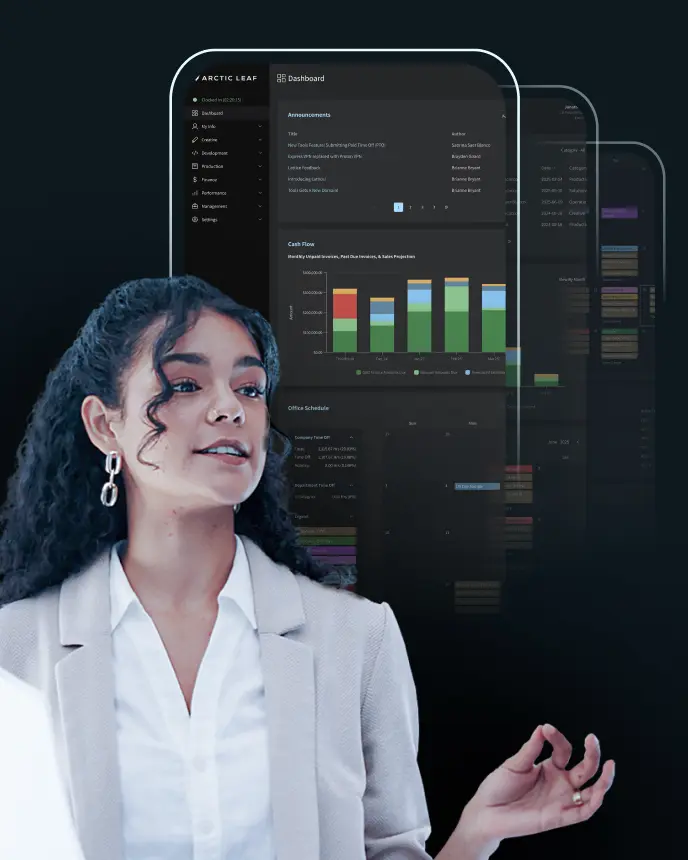 <p>A woman with curly hair wearing a white blazer speaks while gesturing with her hand. Behind her are multiple overlapping digital dashboard screens displaying charts, graphs, and interface elements on a dark background.</p>
