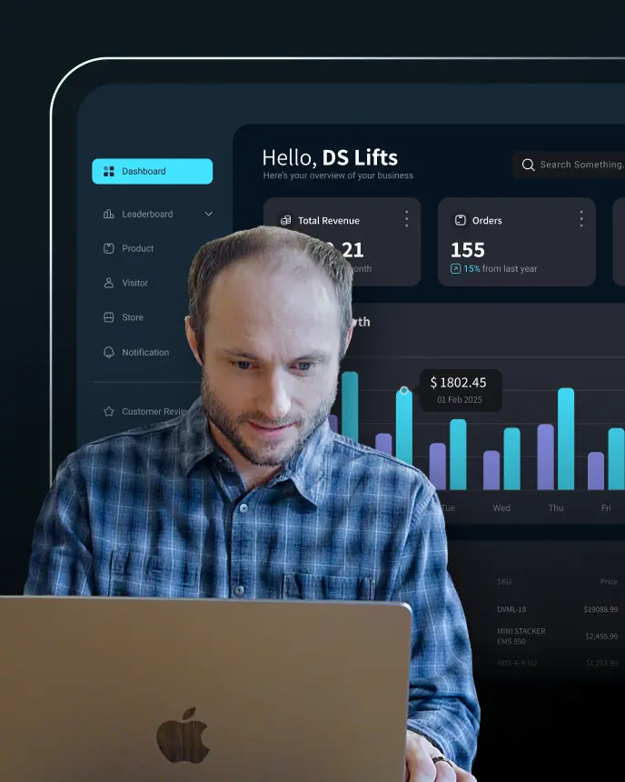 <p>A man in a blue plaid shirt works on a laptop, focused on the screen. Behind him is an enlarged CRM-style dashboard displaying charts, revenue metrics, and business analytics in a dark-themed interface.</p>