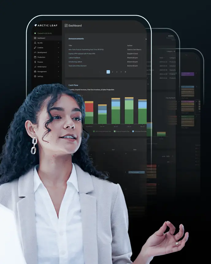 <p>A woman with curly hair, wearing a white blazer and earrings, gestures while speaking in front of overlapping digital dashboard screens displaying charts, graphs, and analytics in a dark, modern interface.</p>