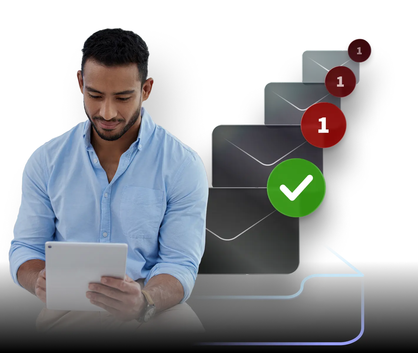 A man in a light blue shirt looks down at a tablet, smiling slightly. Behind him is a visual of five large envelope icons stacked in a staircase formation, each with a notification bubble. The closest envelope has a green check mark, indicating successful delivery or completion. The background is black with a subtle glow behind the icons.