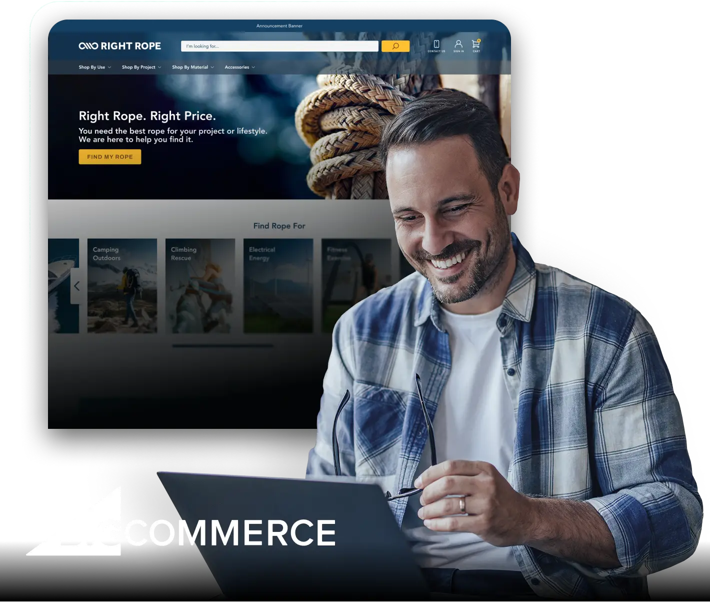 Smiling man using a laptop in front of a BigCommerce online store displaying golf apparel products and a rewards program banner.