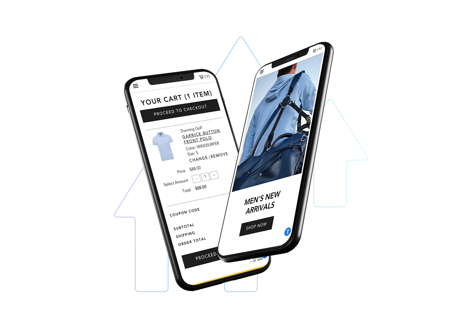  Two smartphones showing a mobile e-commerce experience, with one screen displaying a shopping cart and the other showcasing men's new arrivals in an online store.