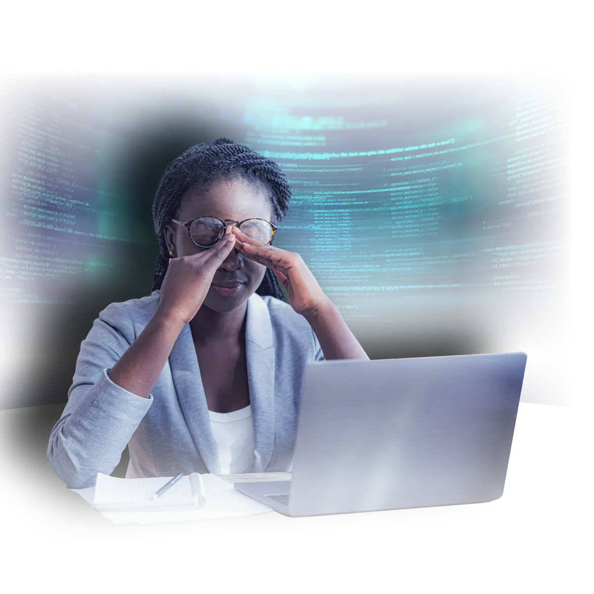 Frustrated woman sitting at a laptop with hands on her face, surrounded by digital code, representing challenges in web development or e-commerce setup.
