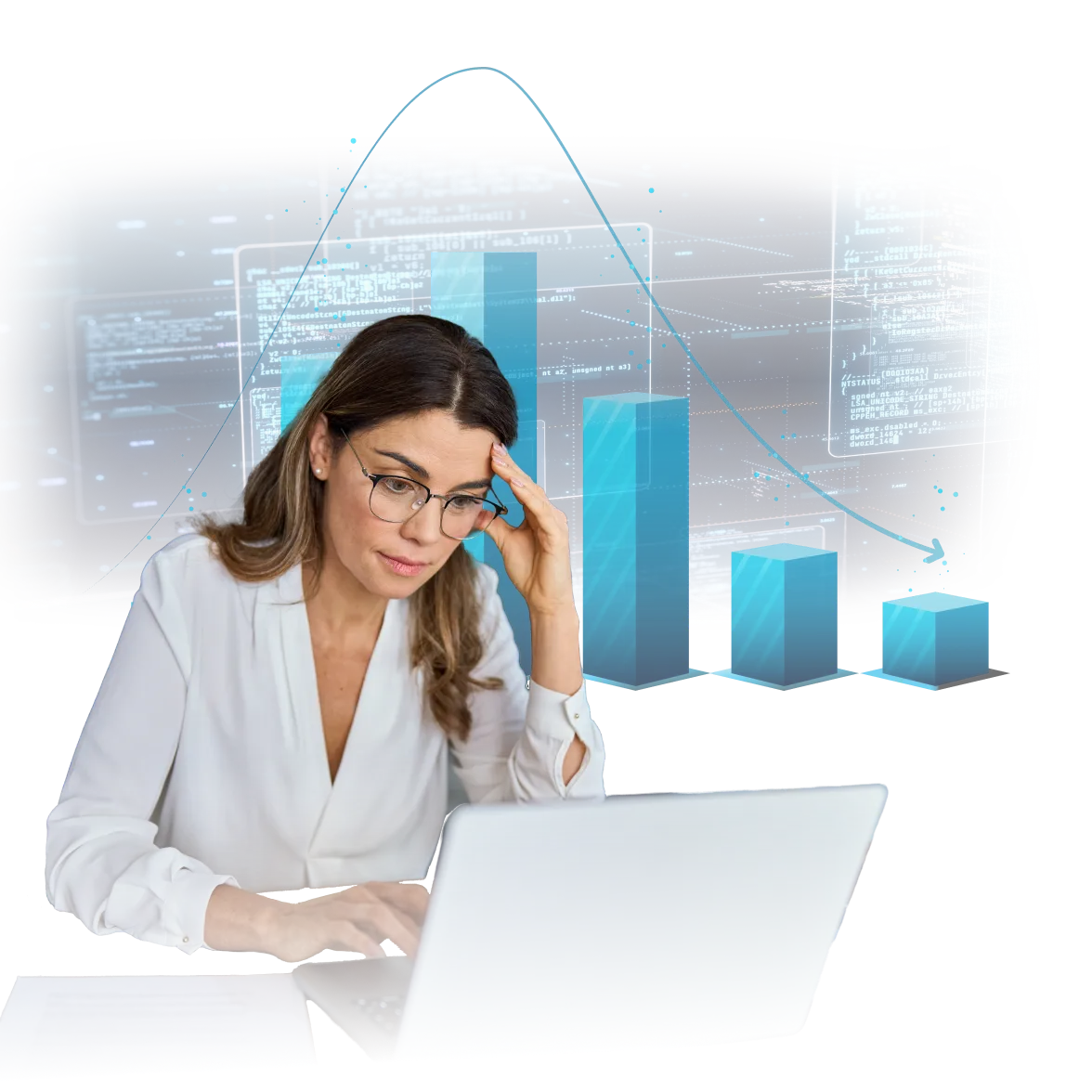 A concerned woman in glasses and a white blouse works on a laptop, resting her head on one hand. Behind her, a holographic-style interface displays declining bar charts, data grids, and code snippets—symbolizing financial losses, reduced sales performance, or troubling business analytics.