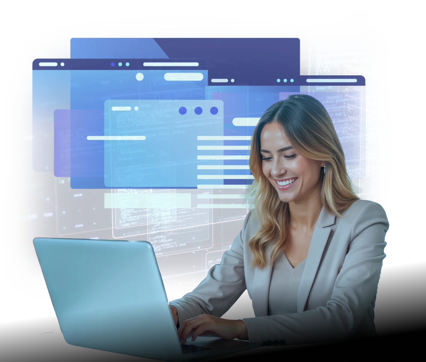 A smiling woman in a beige blazer types on a laptop, surrounded by a digital backdrop of translucent overlapping web browser windows and code snippets. The futuristic interface suggests she is engaged in web development, UX/UI design, or digital project management.