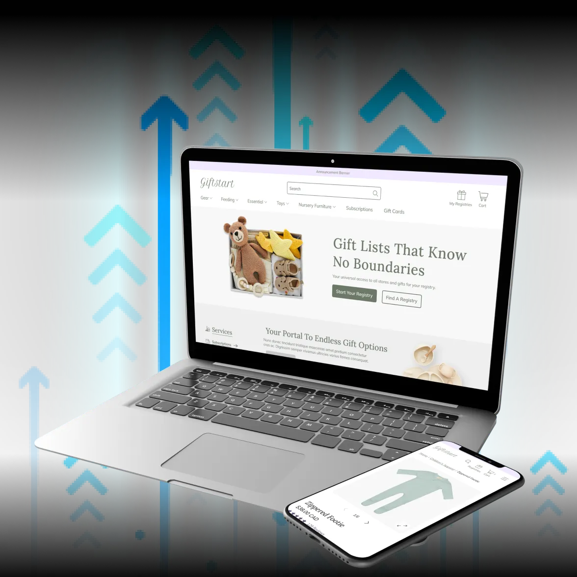 A laptop and smartphone display the homepage and product page of the “Giftstart” website, which promotes baby gift registries with the tagline “Gift Lists That Know No Boundaries.” The background features glowing vertical arrows in various shades of blue, symbolizing upward trends in product engagement, registry sign-ups, or e-commerce growth.