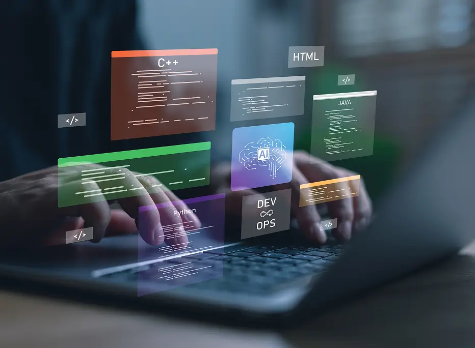 Hands typing on a laptop with floating holographic code panels labeled C++, HTML, Java, Python, AI, and DevOps, representing various programming languages and technologies.