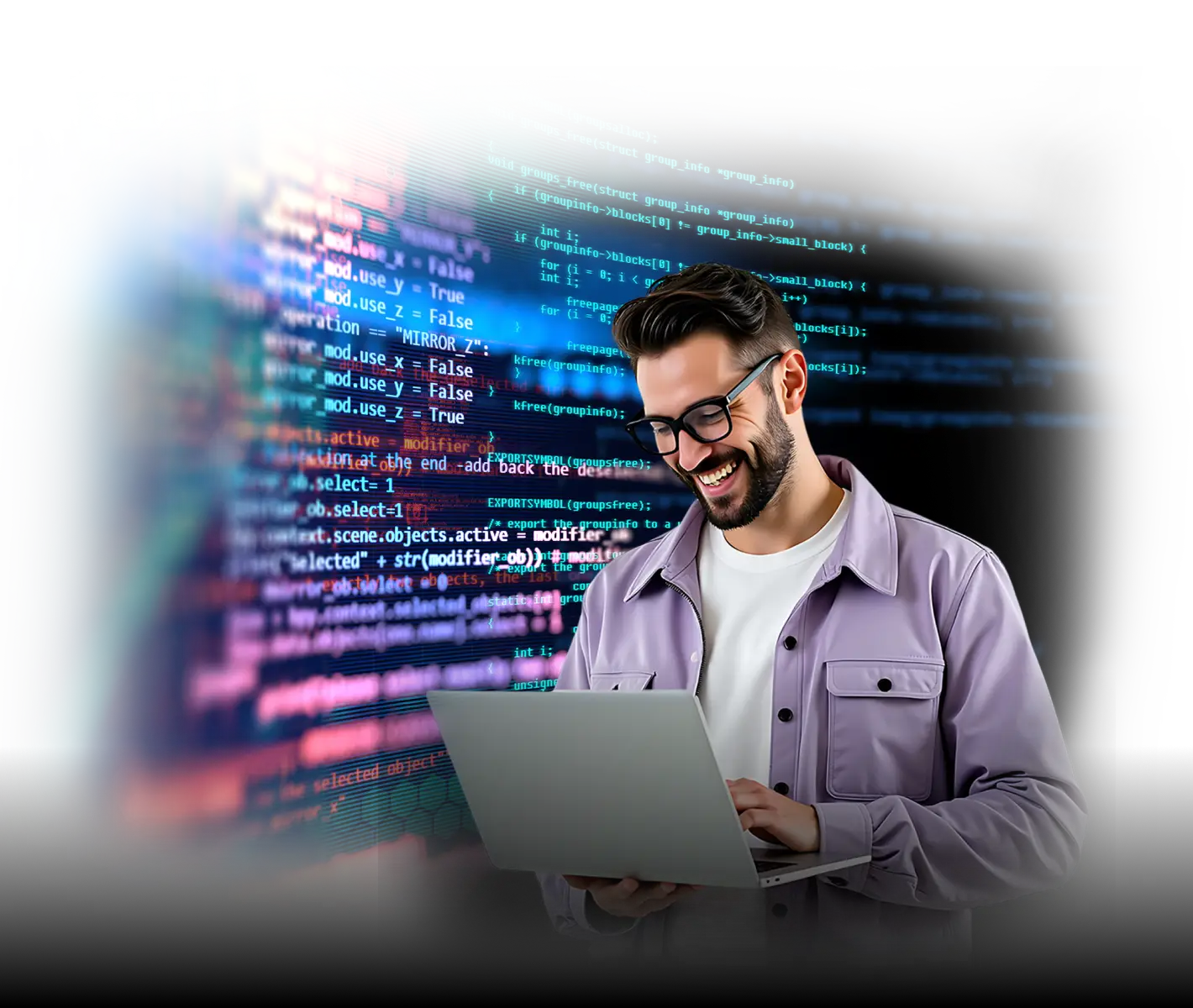 A smiling man wearing glasses and a light purple jacket types on a laptop, with large colorful lines of computer code displayed on a dark background behind him.