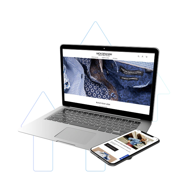 Open laptop and smartphone displaying the Nick Graham e-commerce website with a “Build Your Look” banner; both devices are positioned in front of upward-pointing arrows, symbolizing growth and digital success.