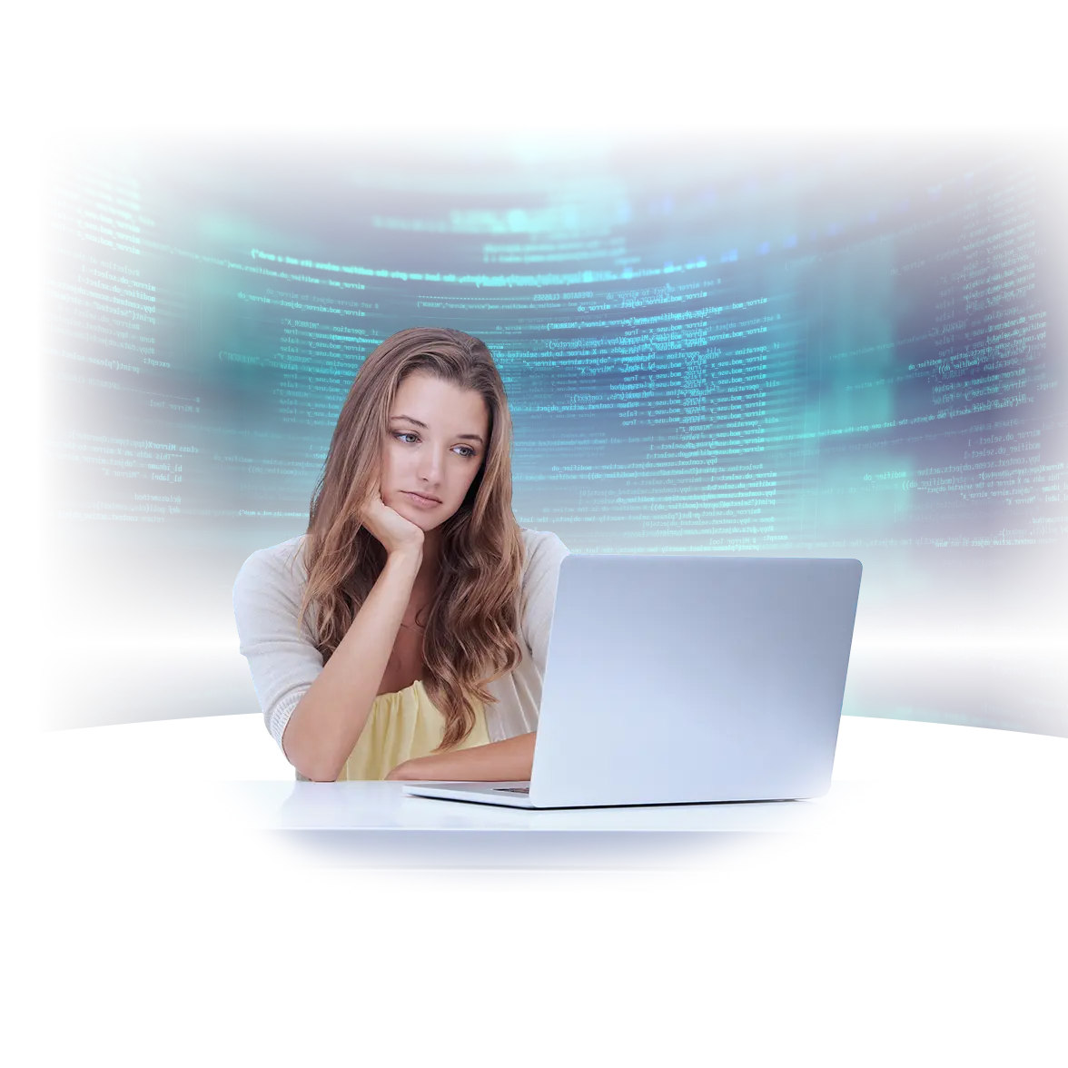 A woman sits at a desk, resting her chin on her hand while looking thoughtfully at a laptop. Behind her is a digital backdrop filled with blue, glowing lines of code, creating a high-tech, futuristic atmosphere.