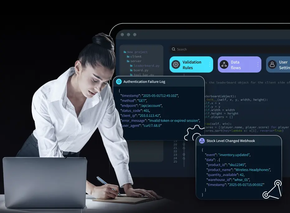 A woman in a white blouse leans over a desk while writing in a notebook next to an open laptop. Behind her, a dark digital interface displays code and system panels. Floating UI elements show an ‘Authentication Failure Log’ with error details and a ‘Stock Level Changed Webhook’ containing JSON inventory data.