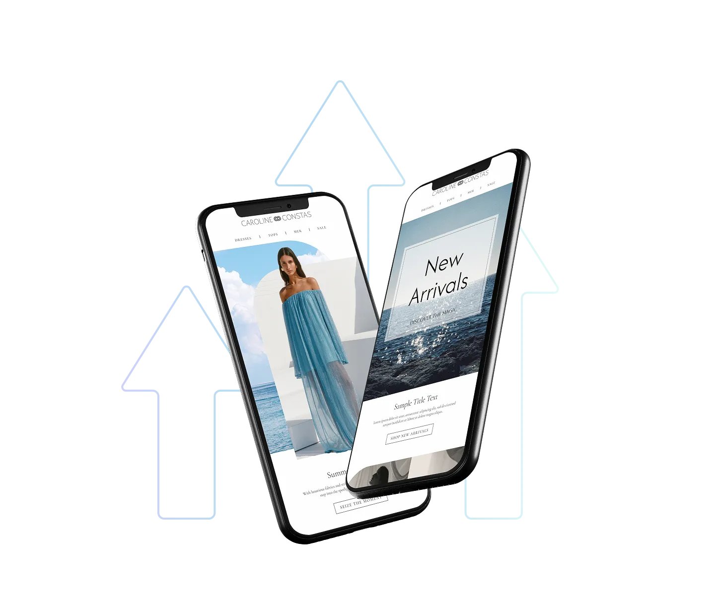 Two smartphones display a fashion e-commerce website featuring “New Arrivals” and a model in a flowing blue dress. Behind the phones, upward-pointing arrows made of dotted lines symbolize growth, success, or rising engagement in mobile shopping.