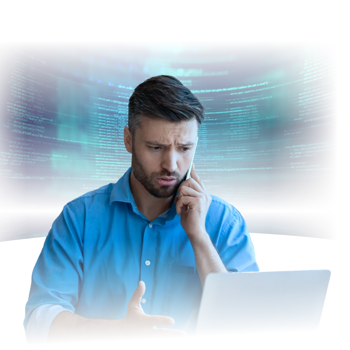 A concerned man in a blue shirt talks on his phone while looking at a laptop screen. He gestures with one hand, appearing confused or frustrated. Behind him, digital code scrolls across a glowing blue background, suggesting a cybersecurity issue, software bug, or tech-related problem.