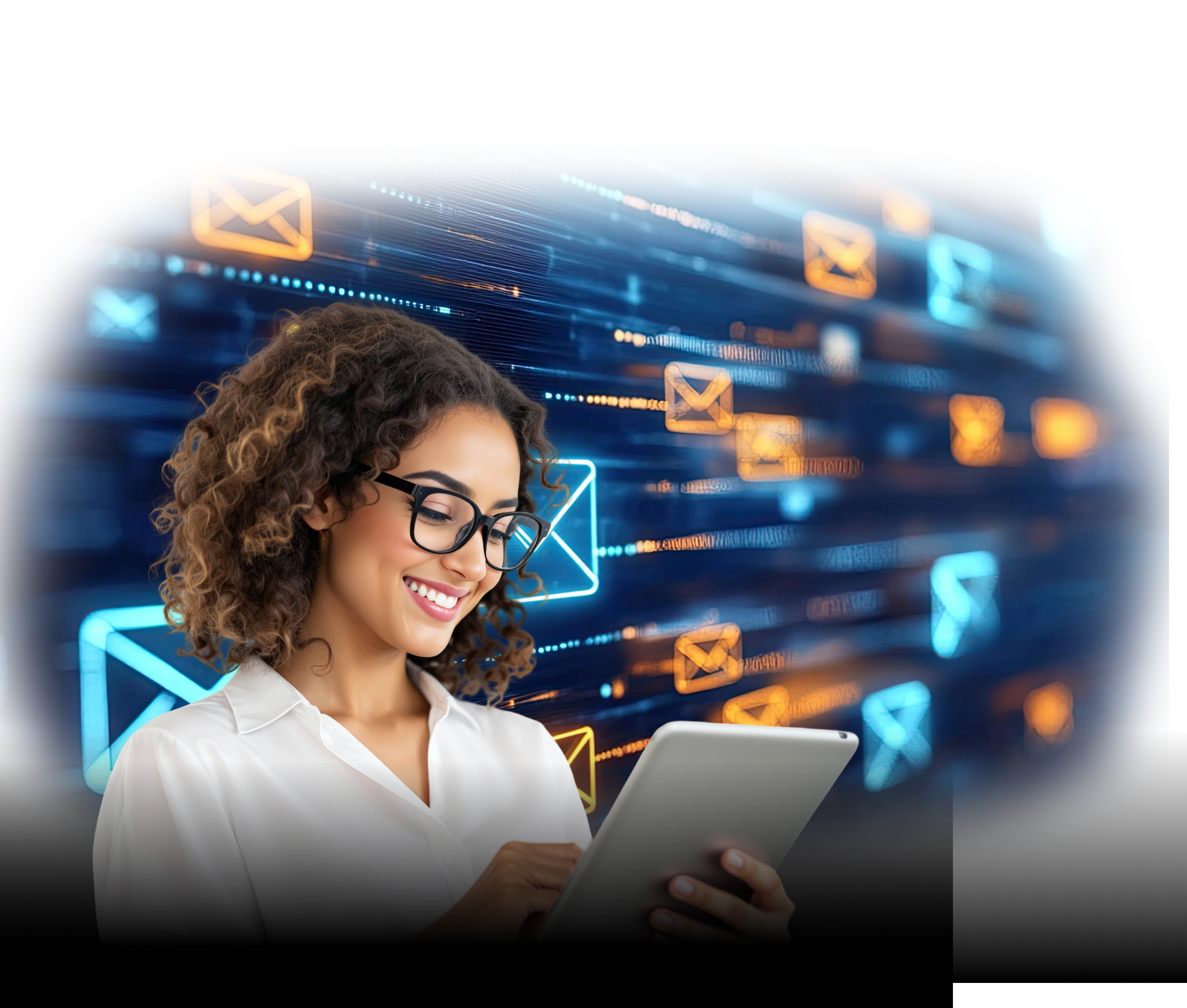 Smiling woman wearing glasses using a digital tablet, surrounded by glowing floating email icons in blue and orange, representing high-tech professional email marketing.