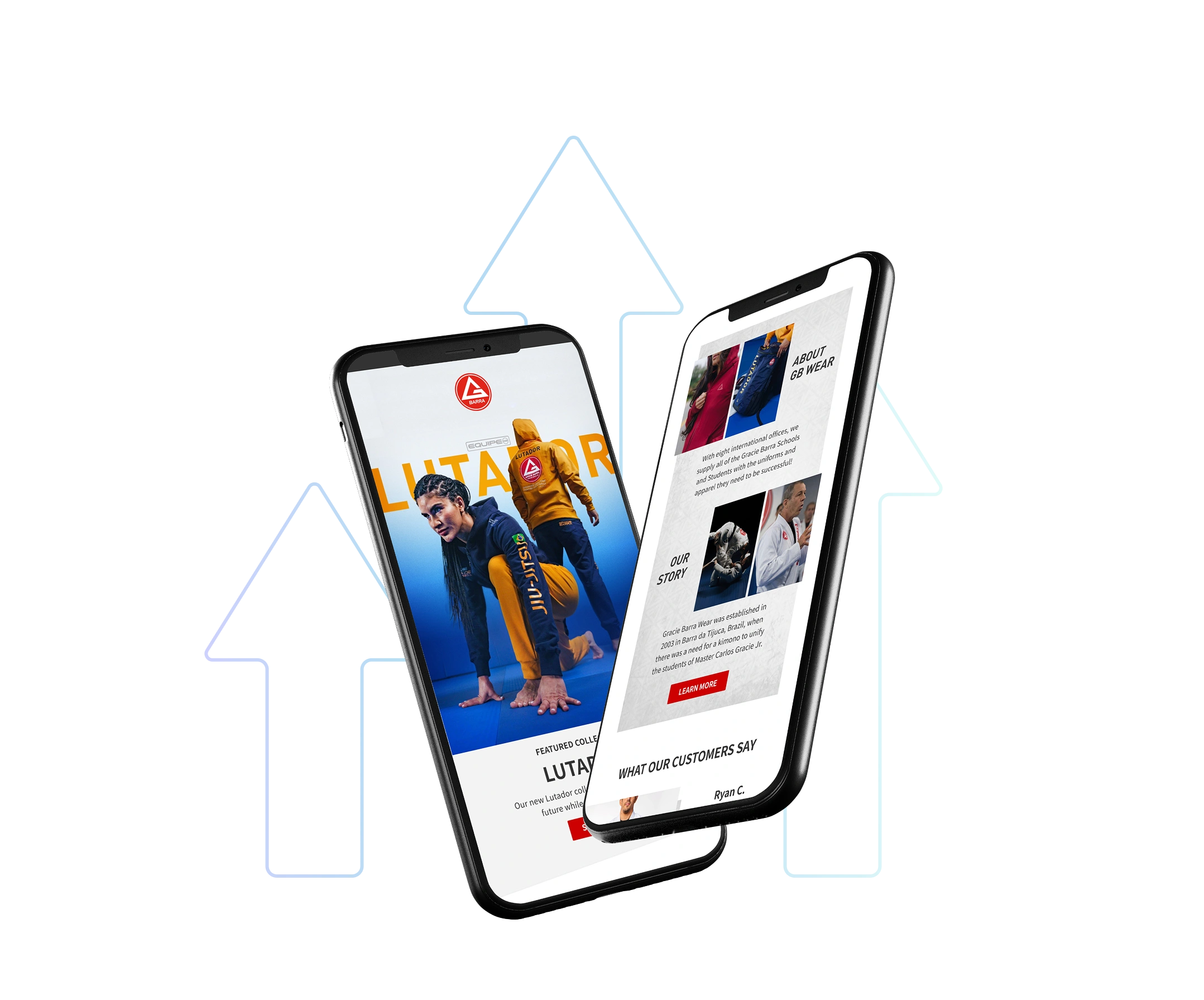 Two smartphones displaying a modern ecommerce email campaign for a jiu-jitsu apparel brand. One screen shows a promotional image of athletes in branded gear with the headline "Lutador", while the other showcases the brand story and customer testimonials. Background features upward-pointing arrows representing growth.
