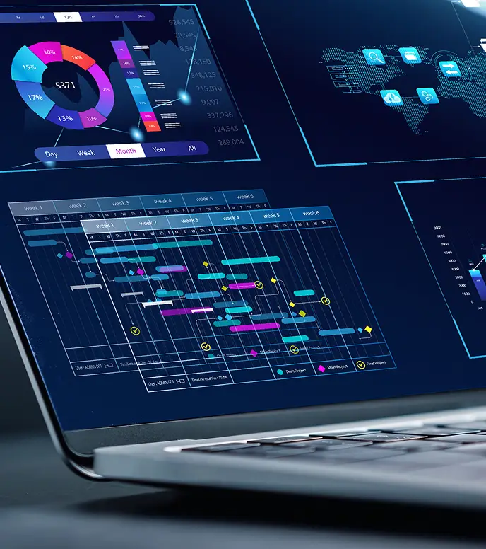 <p>A close-up of a laptop screen showing a dark-themed analytics dashboard with colorful charts, including a donut chart, timelines, and data visualizations, representing business or performance analytics.</p>